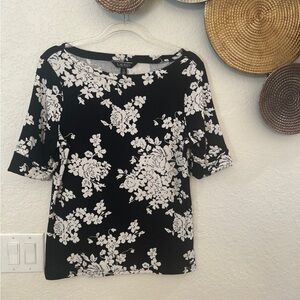 Lauren Ralph Lauren black and white‎ floral print top black label size Large